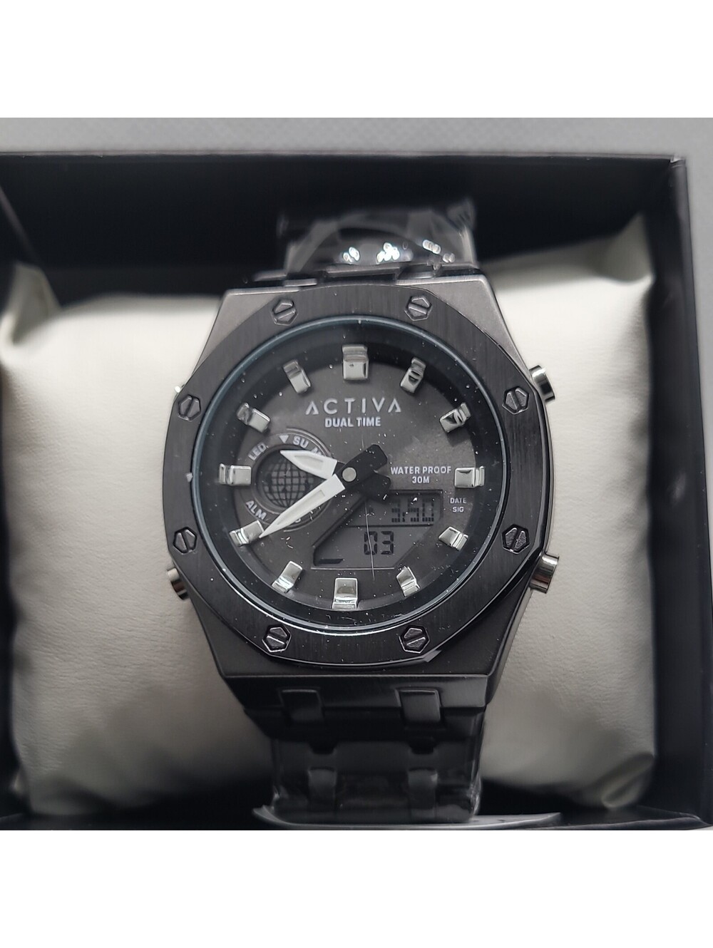115 Activa Men's Dual Time Black Analog & Digital Sport Metal Bracelet Watch 30m